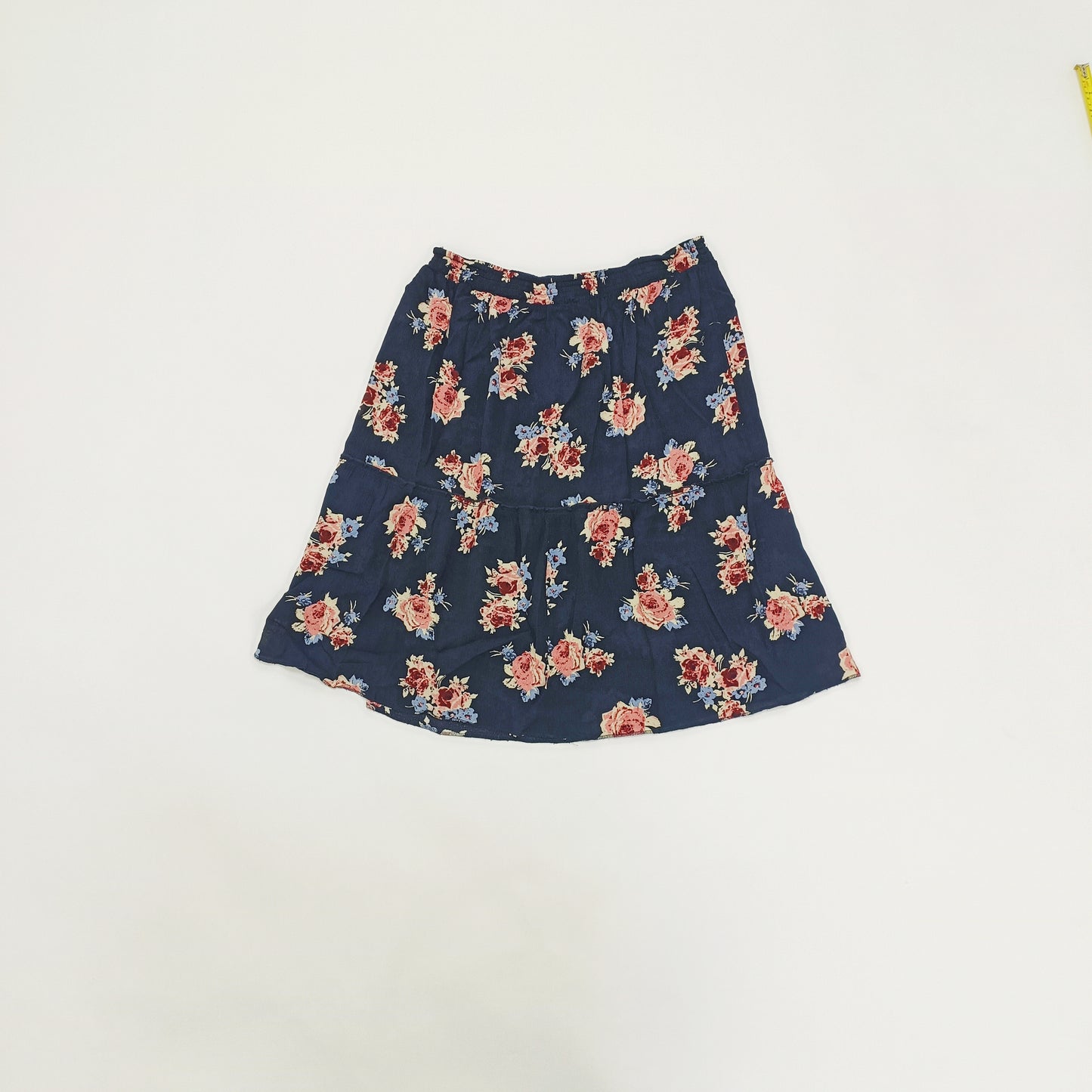Navy Blue & Pink Floral Midi Skirt Size Large | Preloved