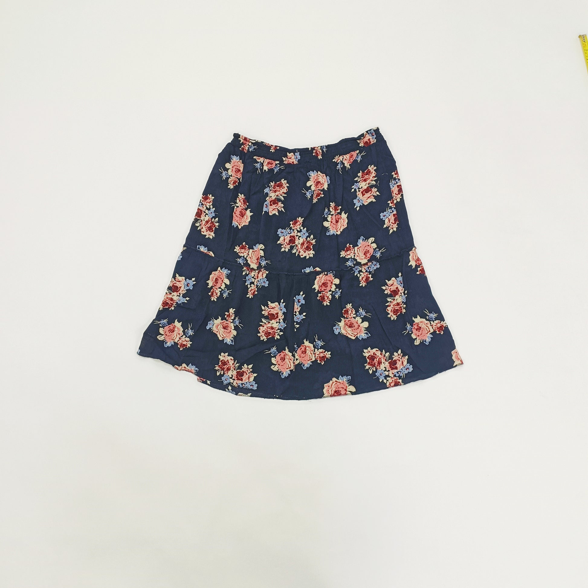 Navy Blue & Pink Floral Midi Skirt Size Large | Preloved
