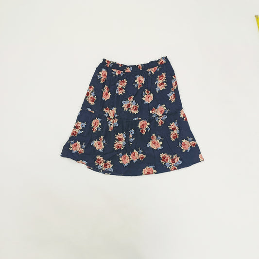 Navy Blue & Pink Floral Midi Skirt Size Large | Preloved