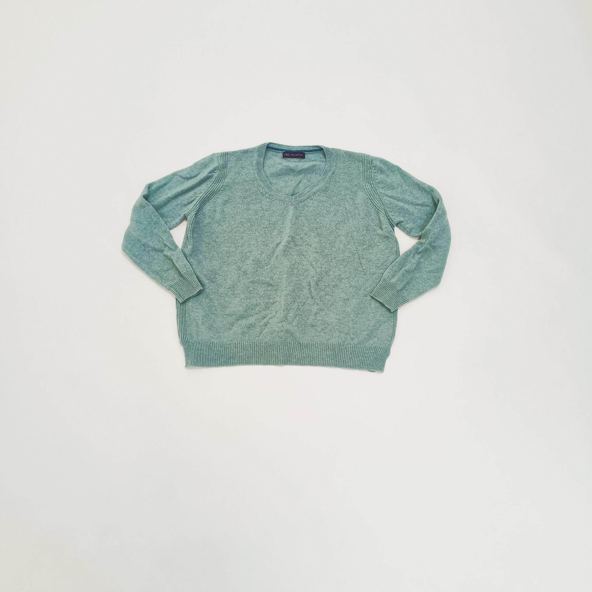 Blue Wool Knitted V Neck Womens Jumper Size Large | Preloved