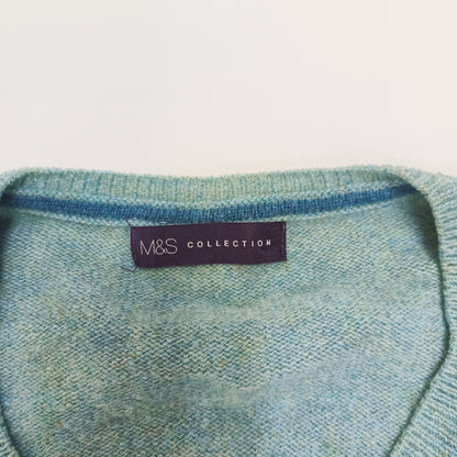 Blue Wool Knitted V Neck Womens Jumper Size Large | Preloved