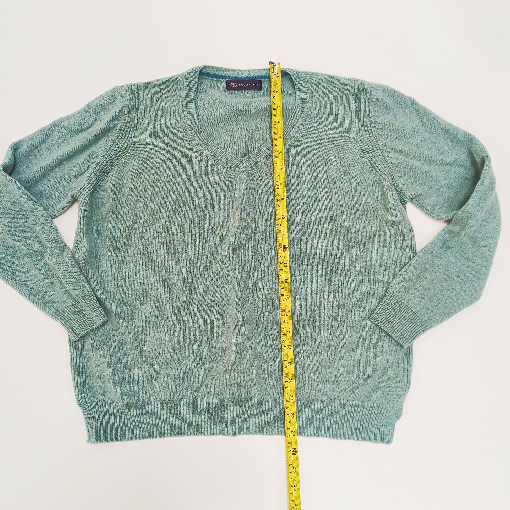Blue Wool Knitted V Neck Womens Jumper Size Large | Preloved