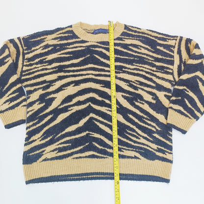 Brown Leopard Patterned Crew Neck Knitted Jumper Size Medium | Preloved