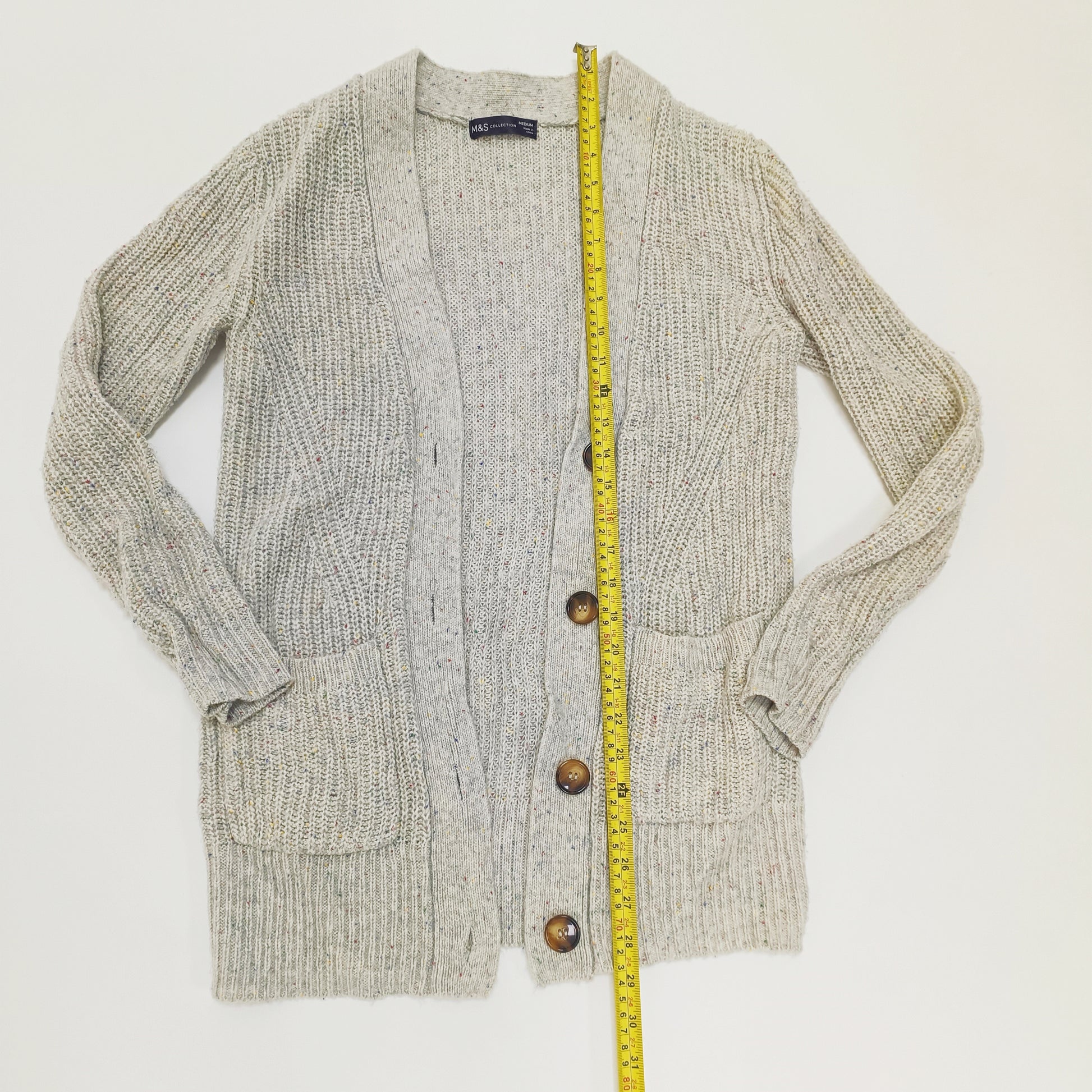 Grey Multi Coloured Fleck Longline Knitted Cardigan Size Medium | Preloved