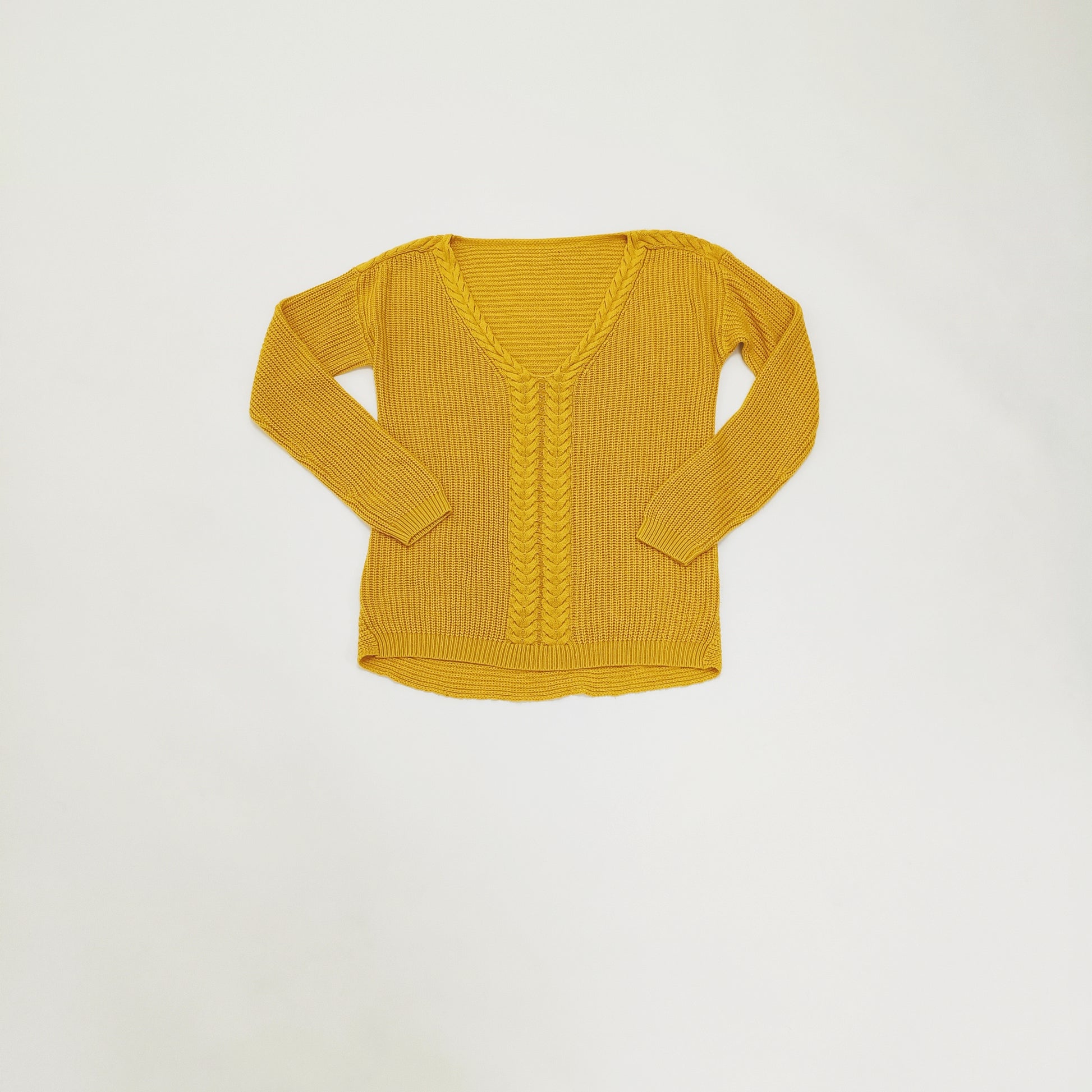 Mustard Yellow V Neck Chunky Knit Jumper Size Medium | Preloved