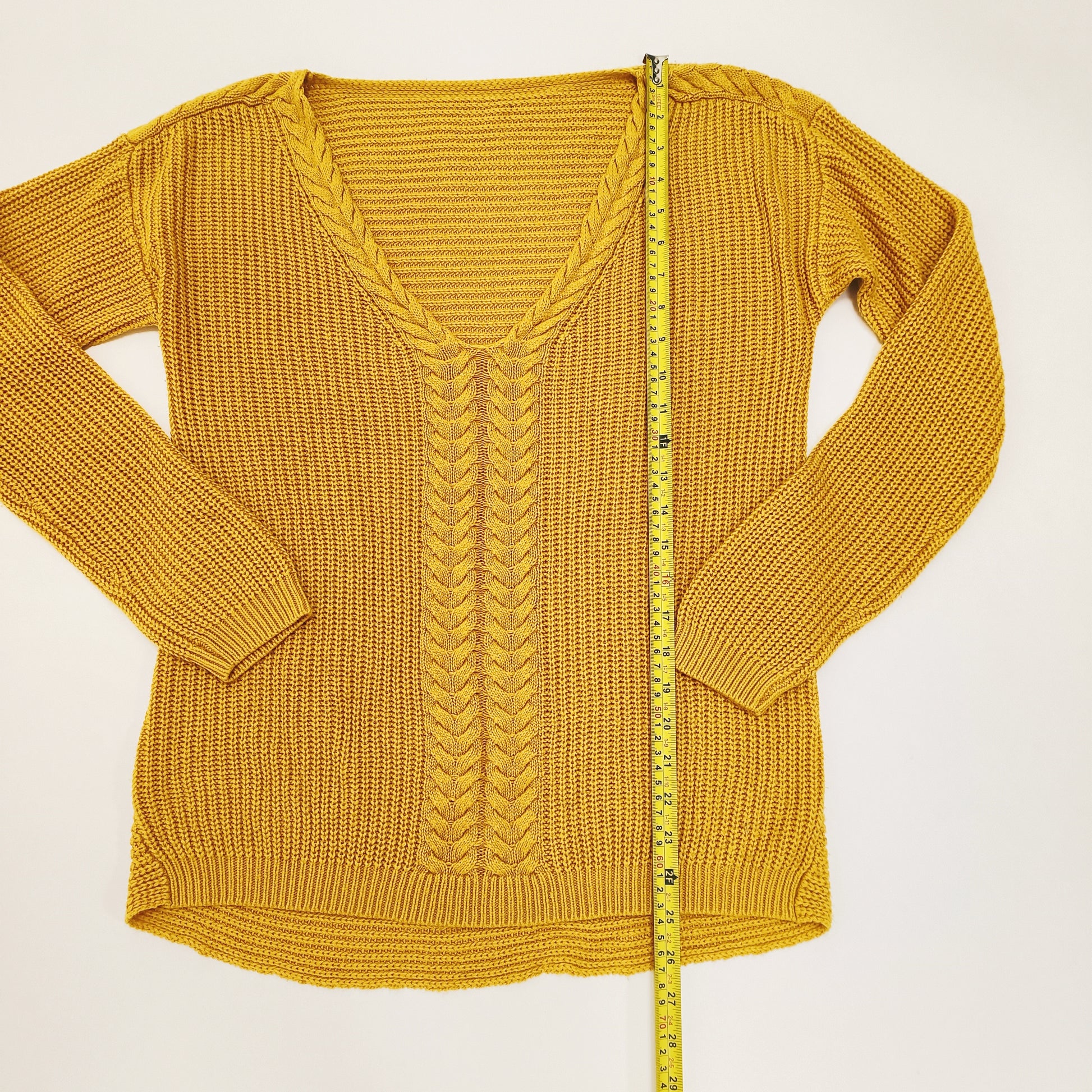 Mustard Yellow V Neck Chunky Knit Jumper Size Medium | Preloved