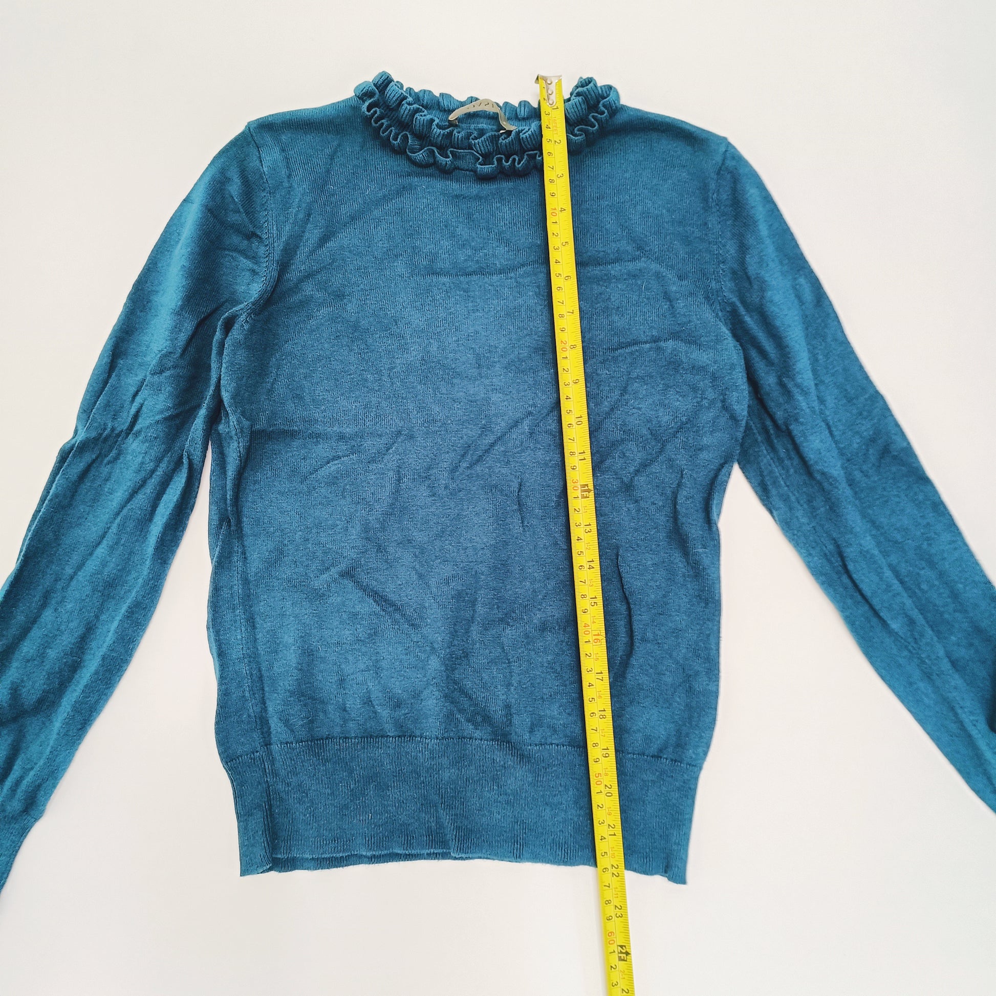 Turquoise Frilled Neckline Long Sleeve Knit Size Small | Preloved