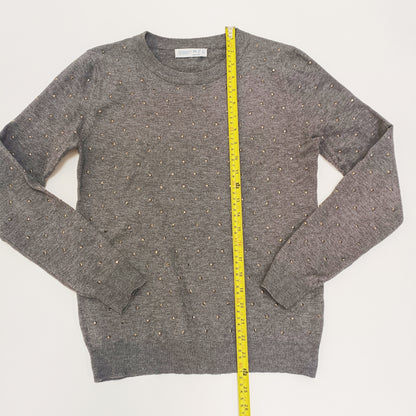 Dark Grey Crew Neck Embellished Knitted Jumper Size Extra Small | Preloved