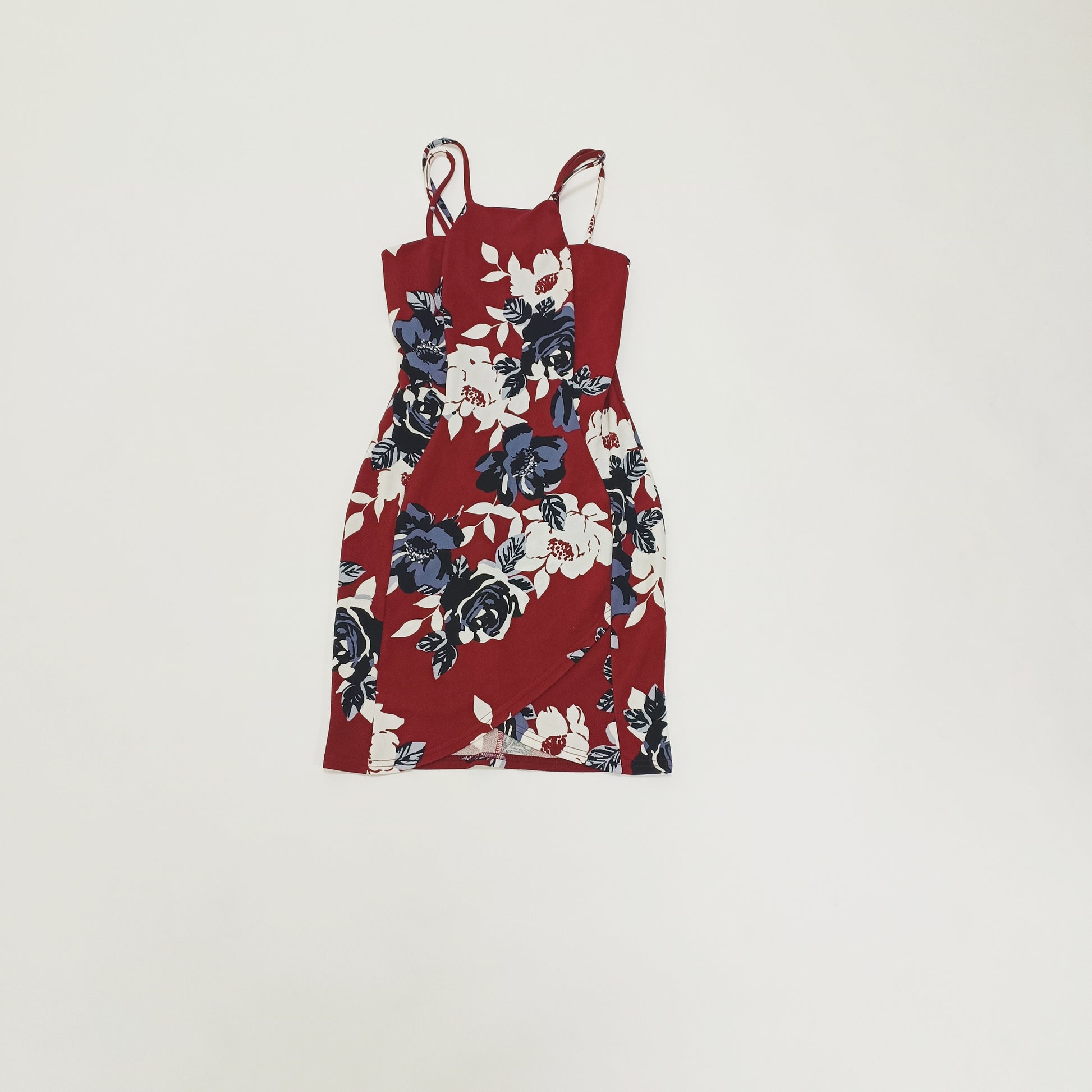 Burgundy Bold Floral Wrap Mini Dress Size Small | Preloved