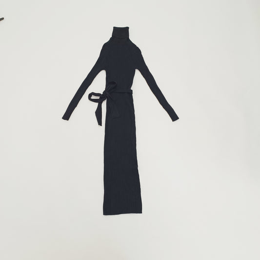 Black Ribbed Tie Waist Midi Dress Size Extra Small | Preloved