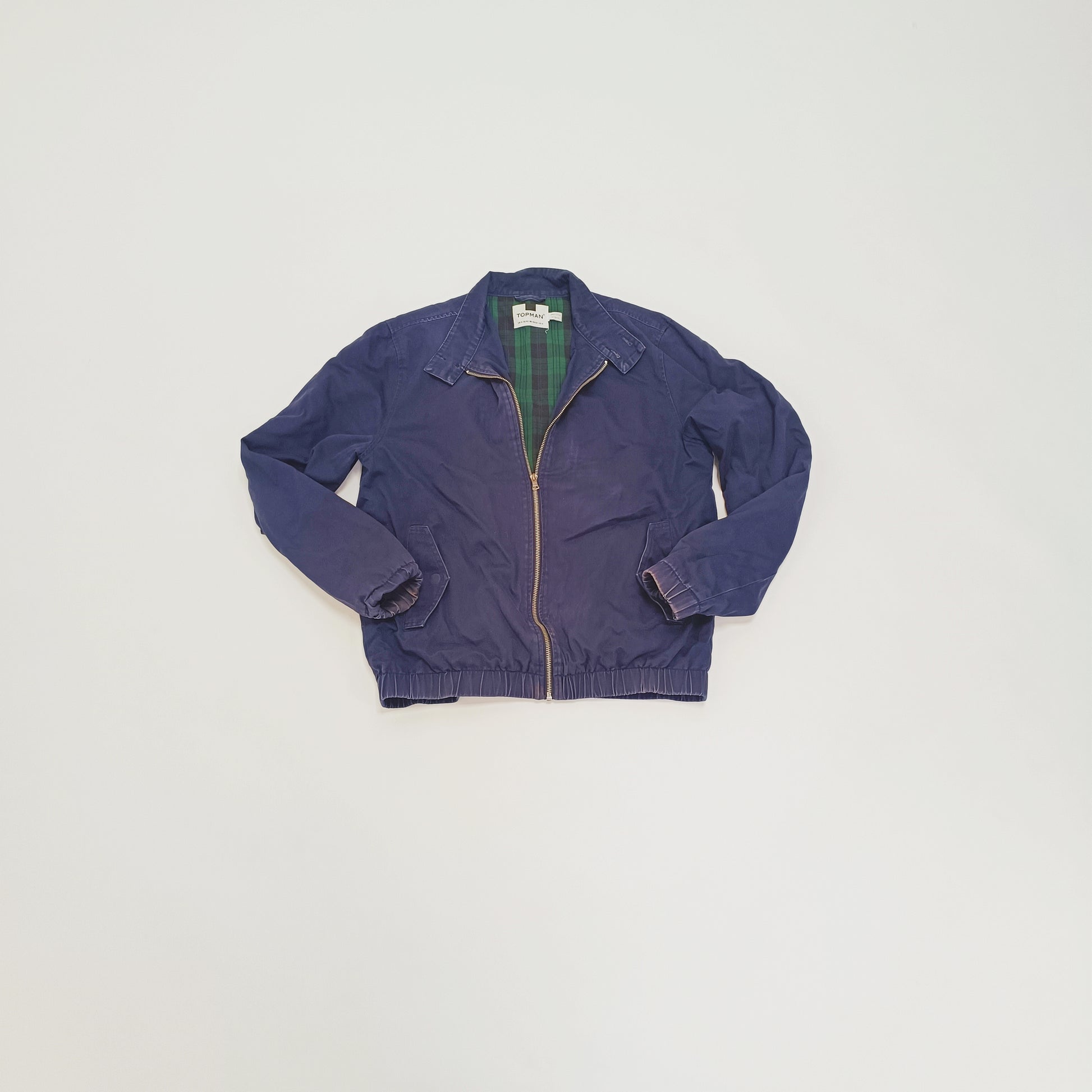 Blue Zip Up Bomber Jacket With Checked Lining Size Medium | Preloved