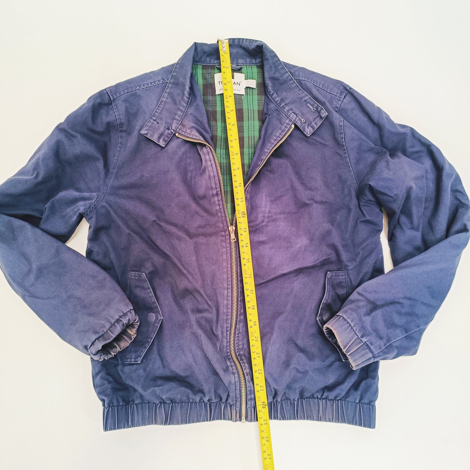 Blue Zip Up Bomber Jacket With Checked Lining Size Medium | Preloved