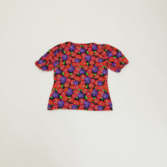 Red Bold Floral Heart Neckline Short Sleeve Top Size Medium | Preloved