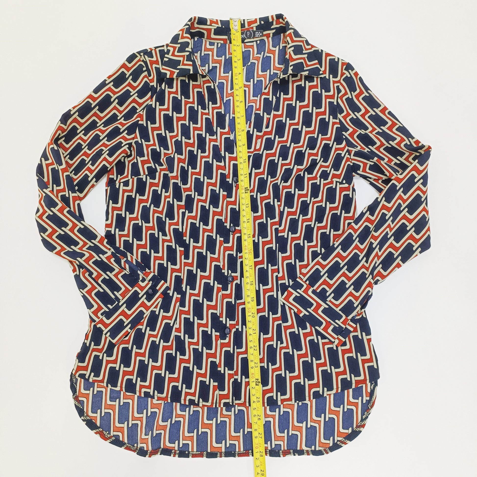 Black & Red Geometric Print Fitted Womens Shirt Size Small | Preloved