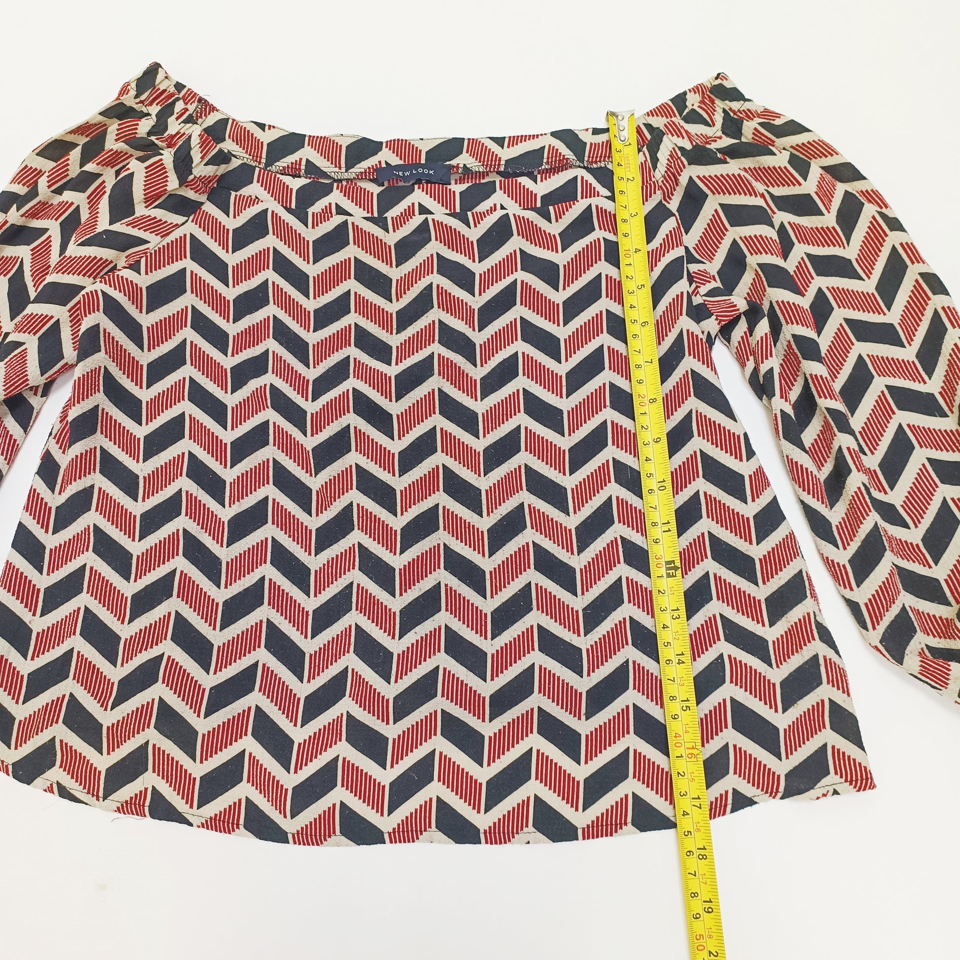 Red & Black Geometric Print Off Shoulder Top Size Small | Preloved