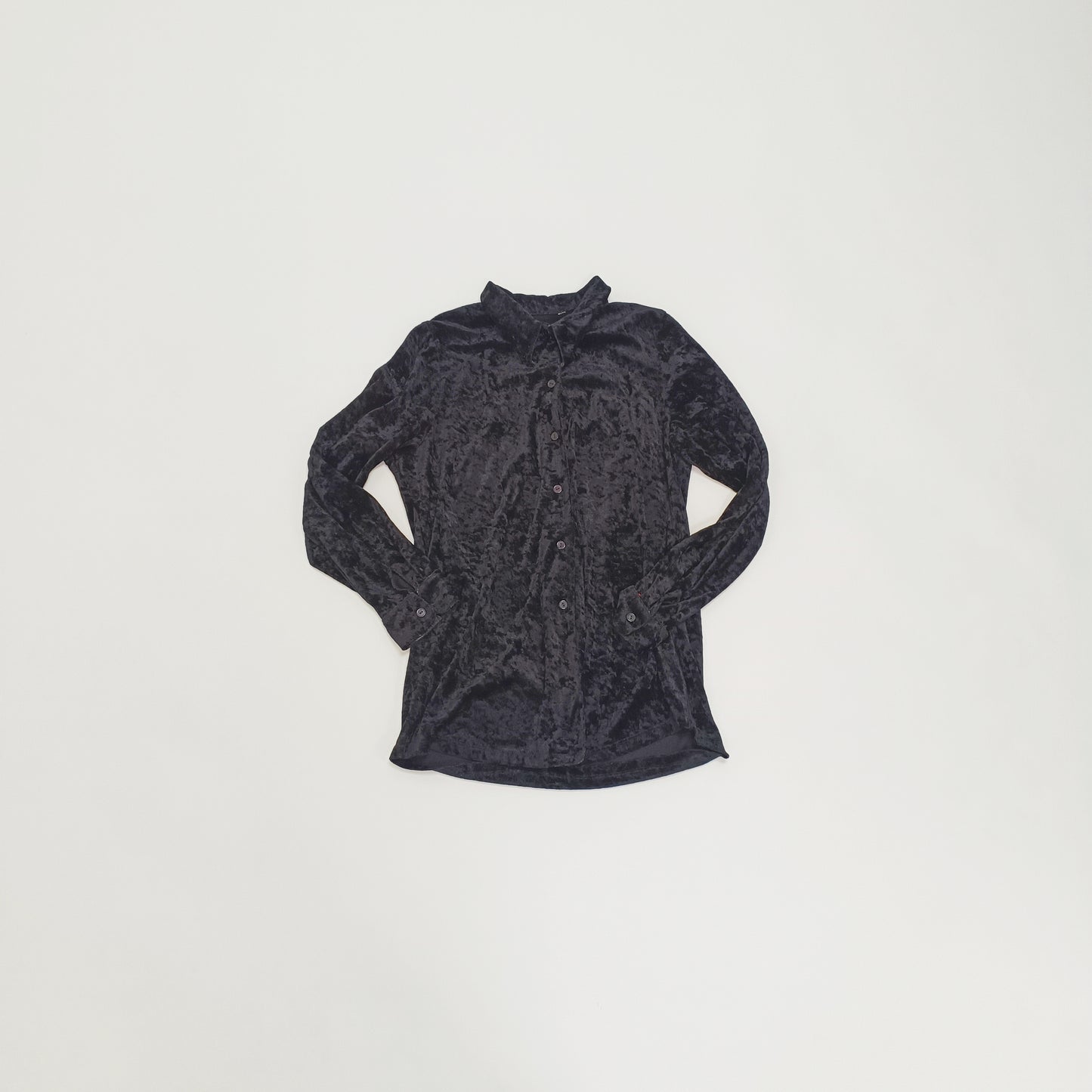 Black Crushed Velvet Long Sleeve Button Up Womens Shirt Size Small | Preloved