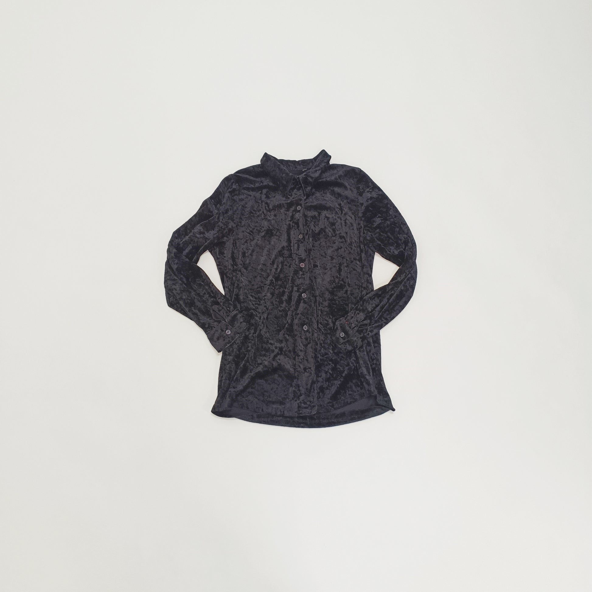 Black Crushed Velvet Long Sleeve Button Up Womens Shirt Size Small | Preloved