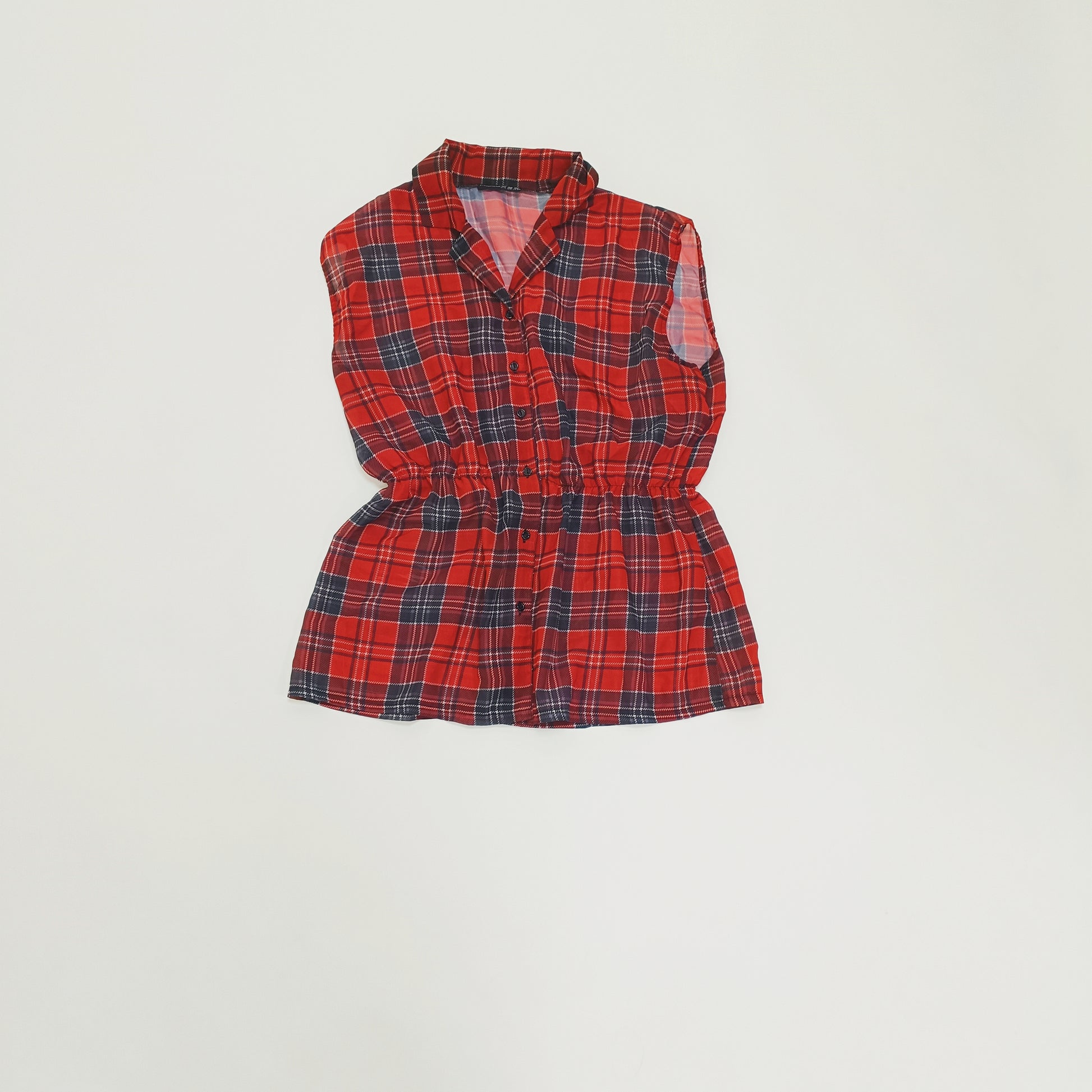 Red Tartan Checked Sleeveless Peplum Mesh Shirt Size Extra Large | Preloved