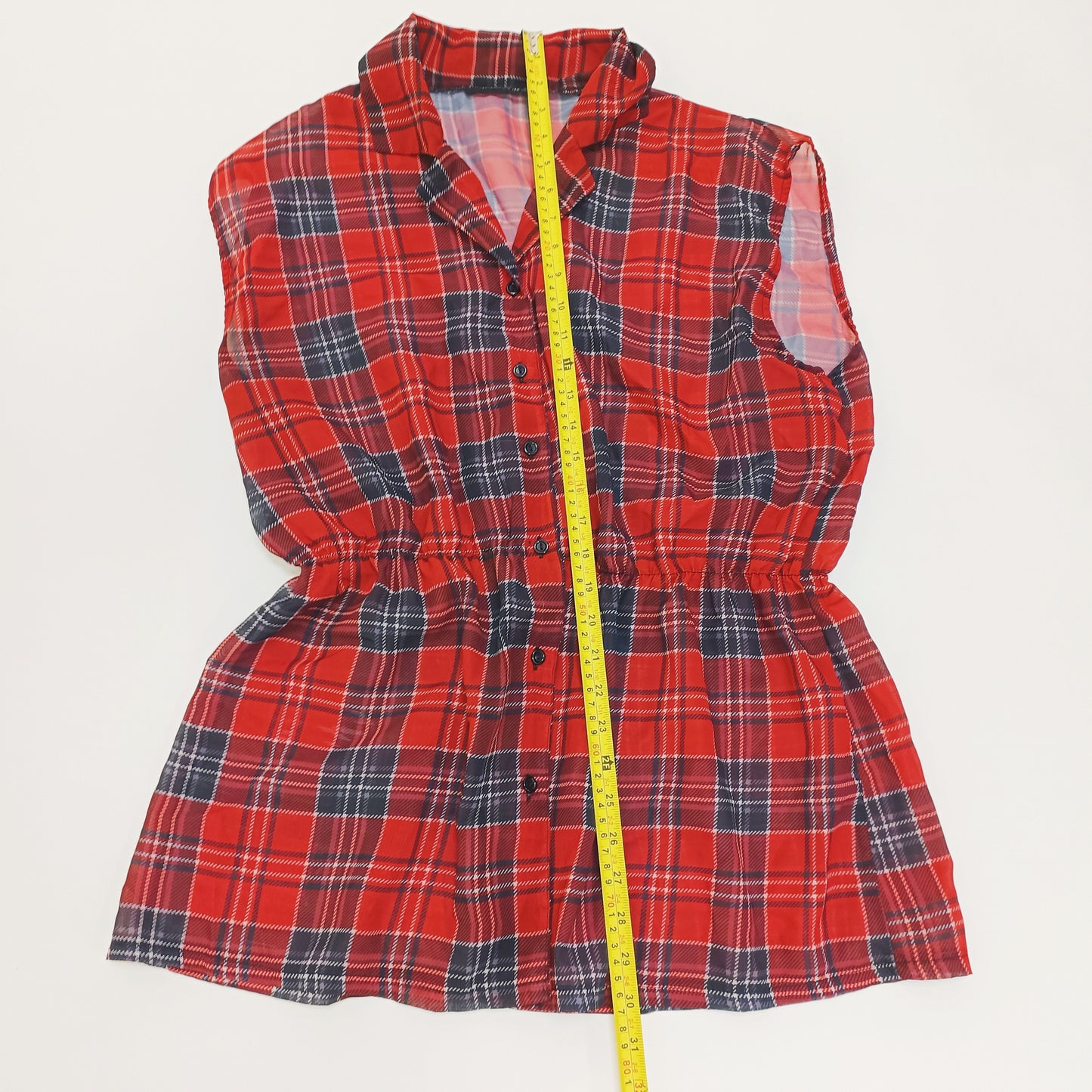 Red Tartan Checked Sleeveless Peplum Mesh Shirt Size Extra Large | Preloved