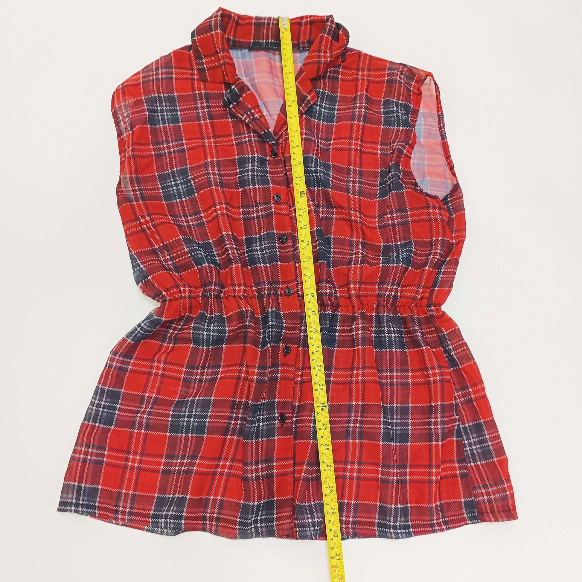 Red Tartan Checked Sleeveless Peplum Mesh Shirt Size Extra Large | Preloved