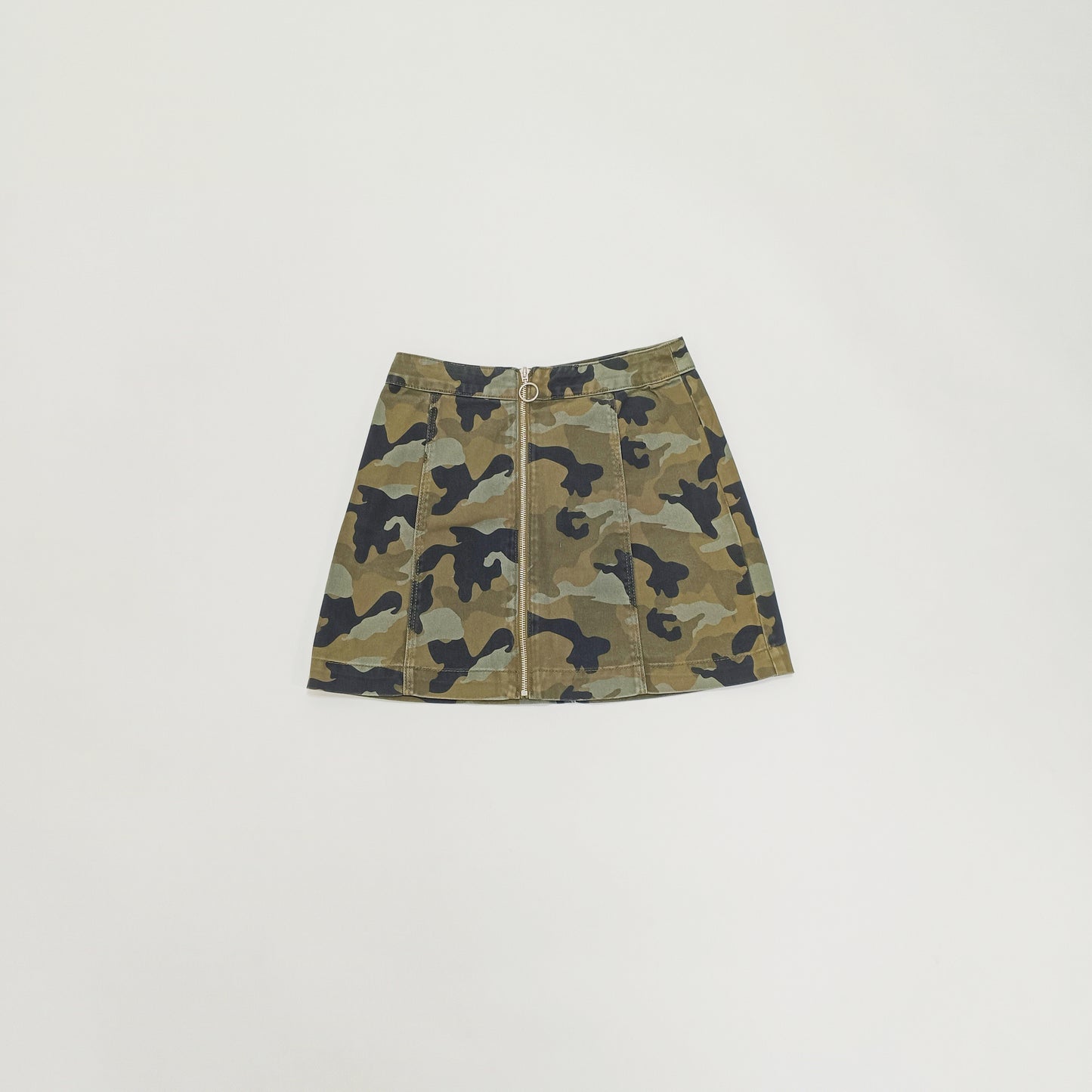 Green Camo Print Zip Through Mini A Line Skirt Size Small | Preloved