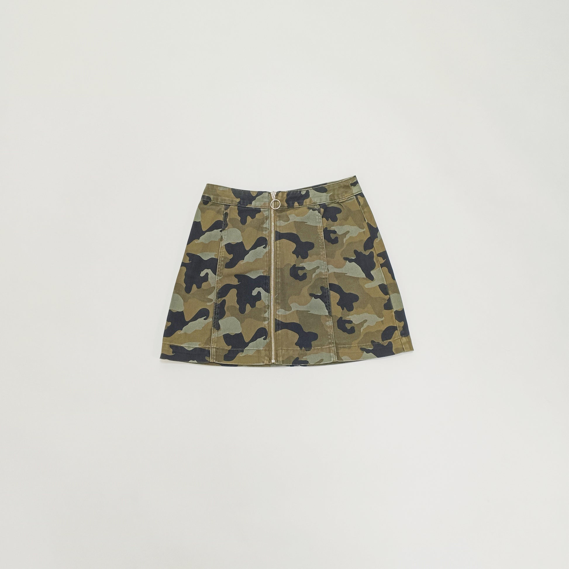 Green Camo Print Zip Through Mini A Line Skirt Size Small | Preloved