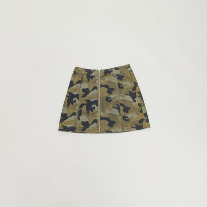Green Camo Print Zip Through Mini A Line Skirt Size Small | Preloved