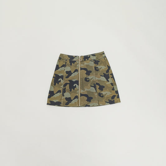 Green Camo Print Zip Through Mini A Line Skirt Size Small | Preloved