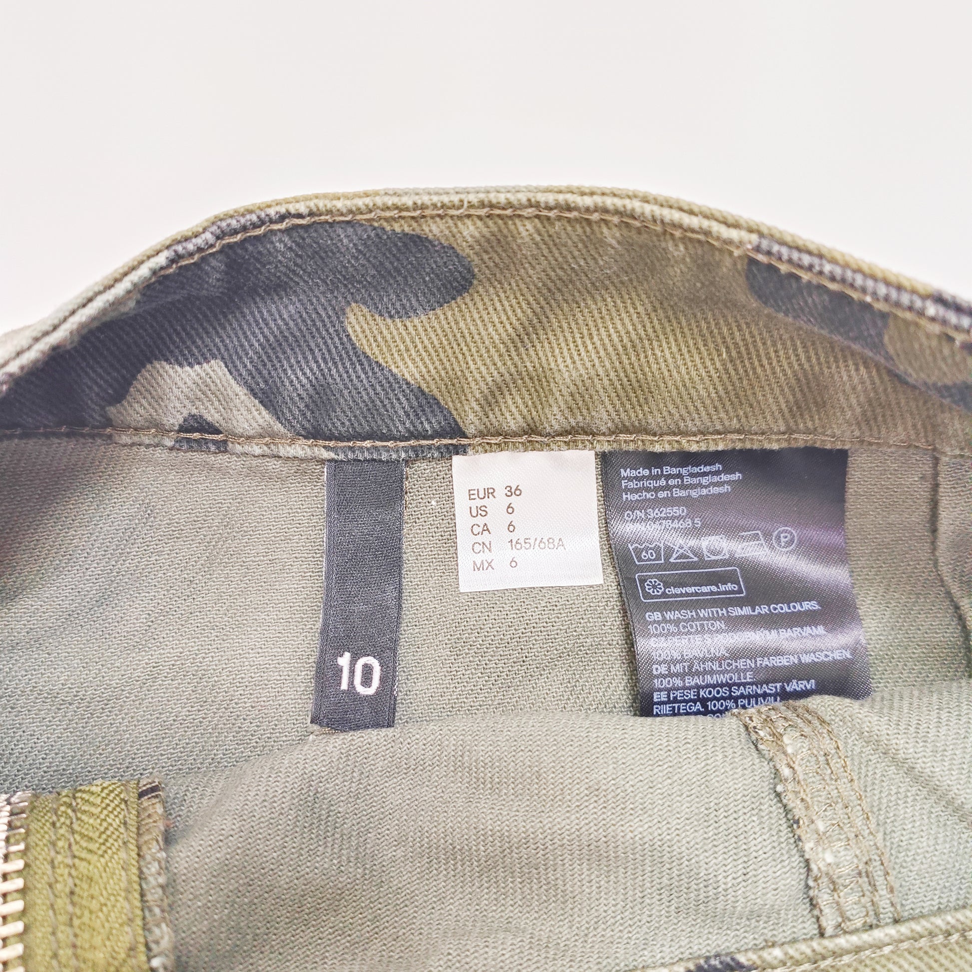Green Camo Print Zip Through Mini A Line Skirt Size Small | Preloved