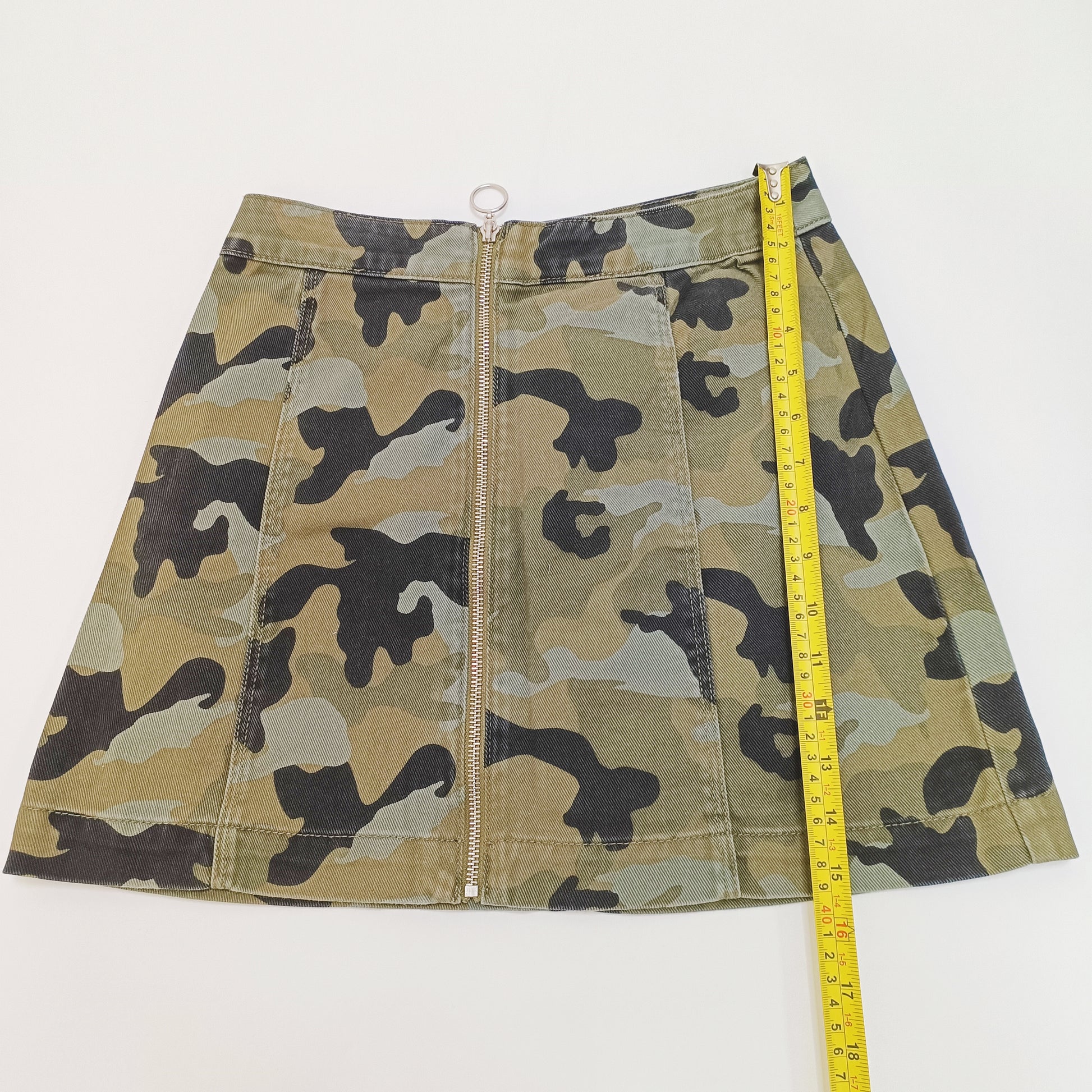 Green Camo Print Zip Through Mini A Line Skirt Size Small | Preloved
