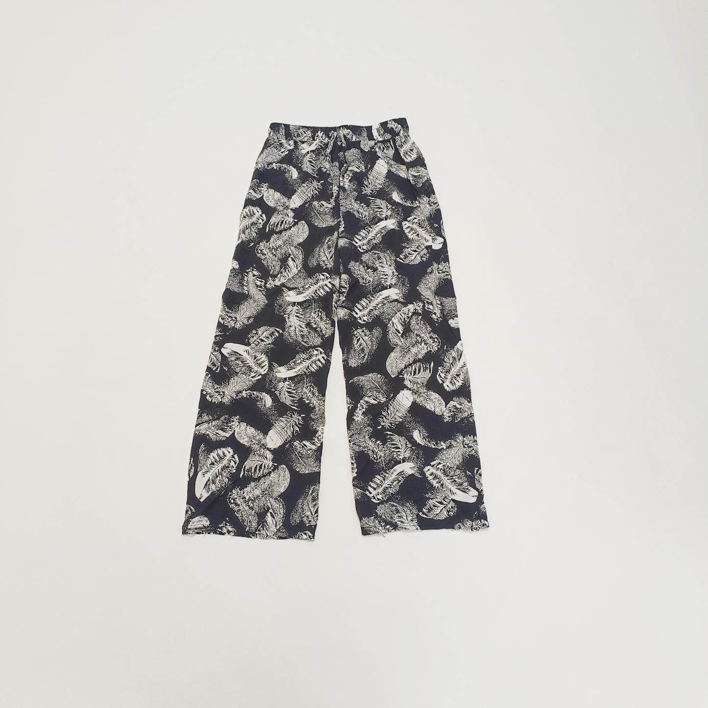 Black Monochrome Leaf Print Wide Leg Trousers Size Small | Preloved