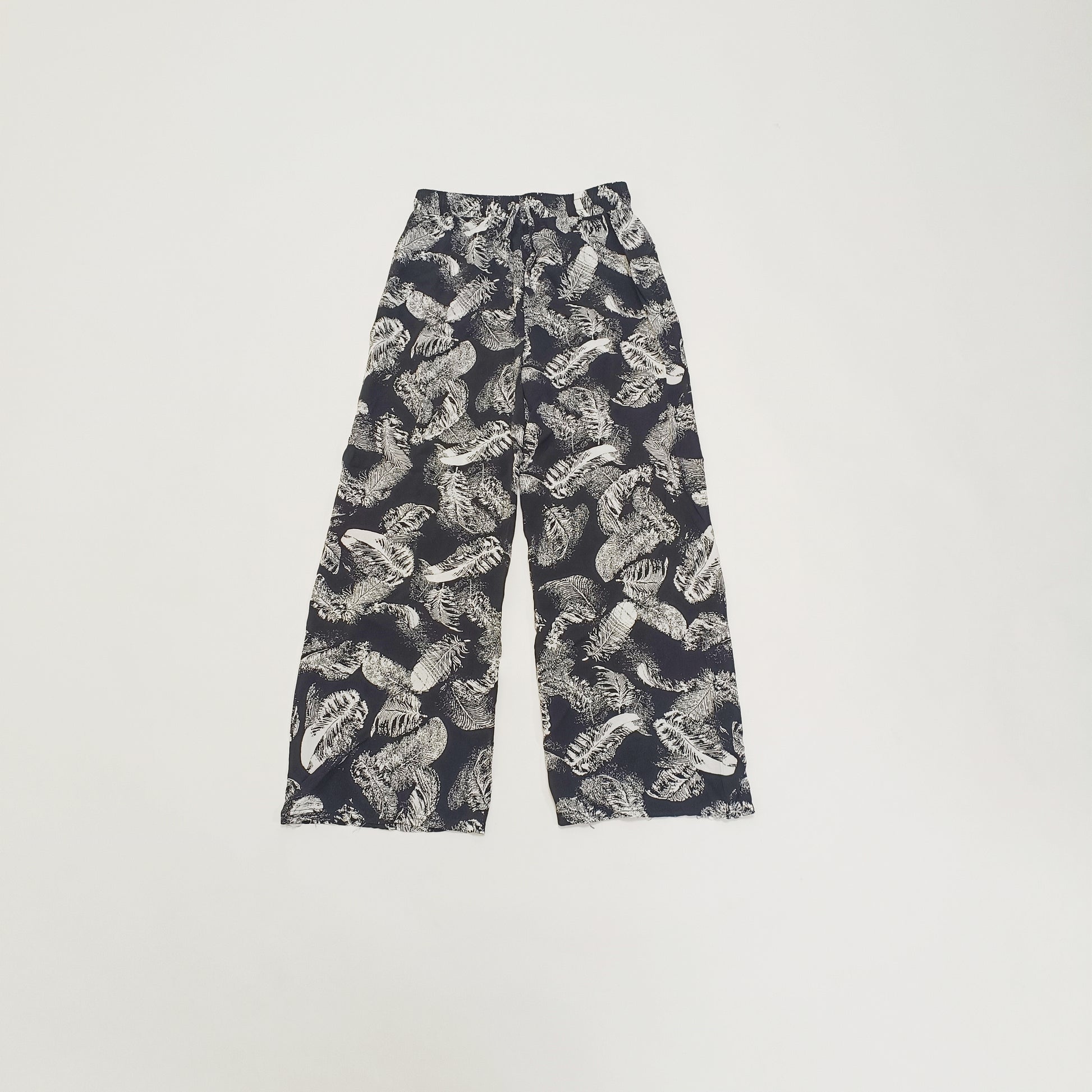 Black Monochrome Leaf Print Wide Leg Trousers Size Small | Preloved