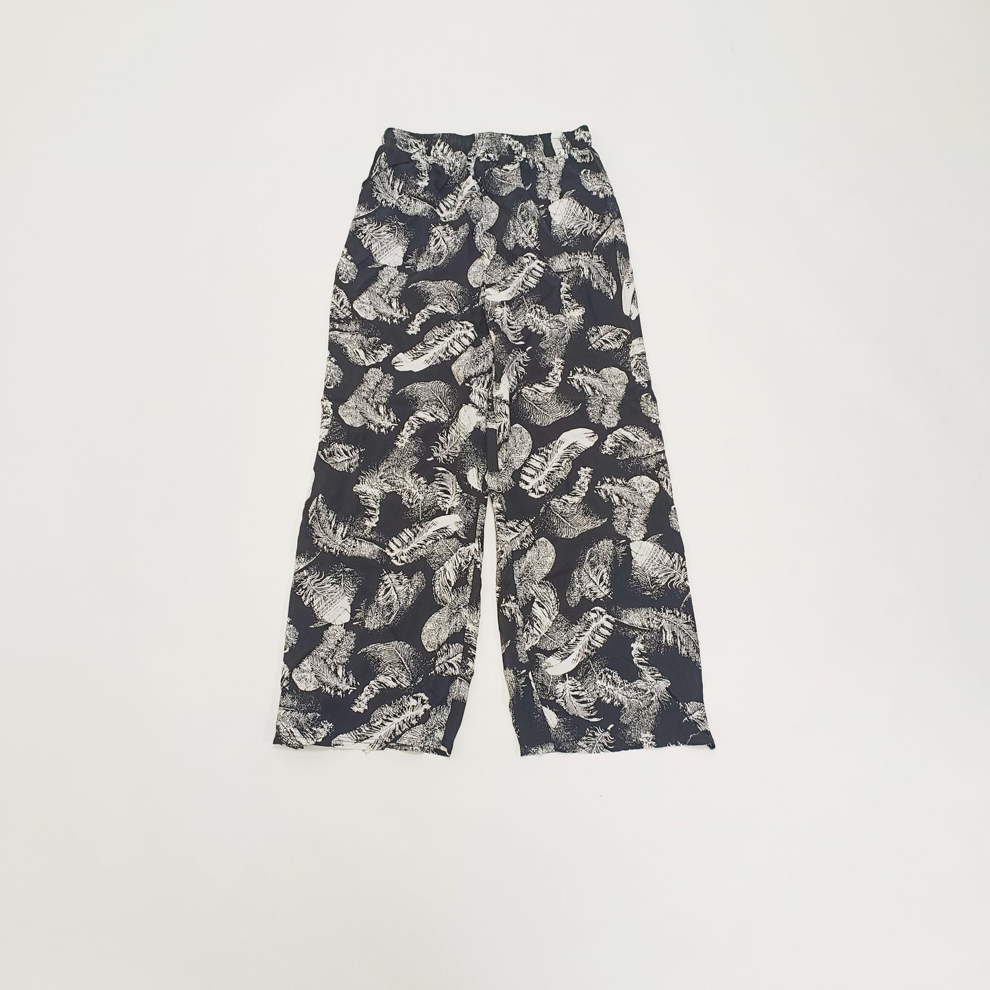 Black Monochrome Leaf Print Wide Leg Trousers Size Small | Preloved