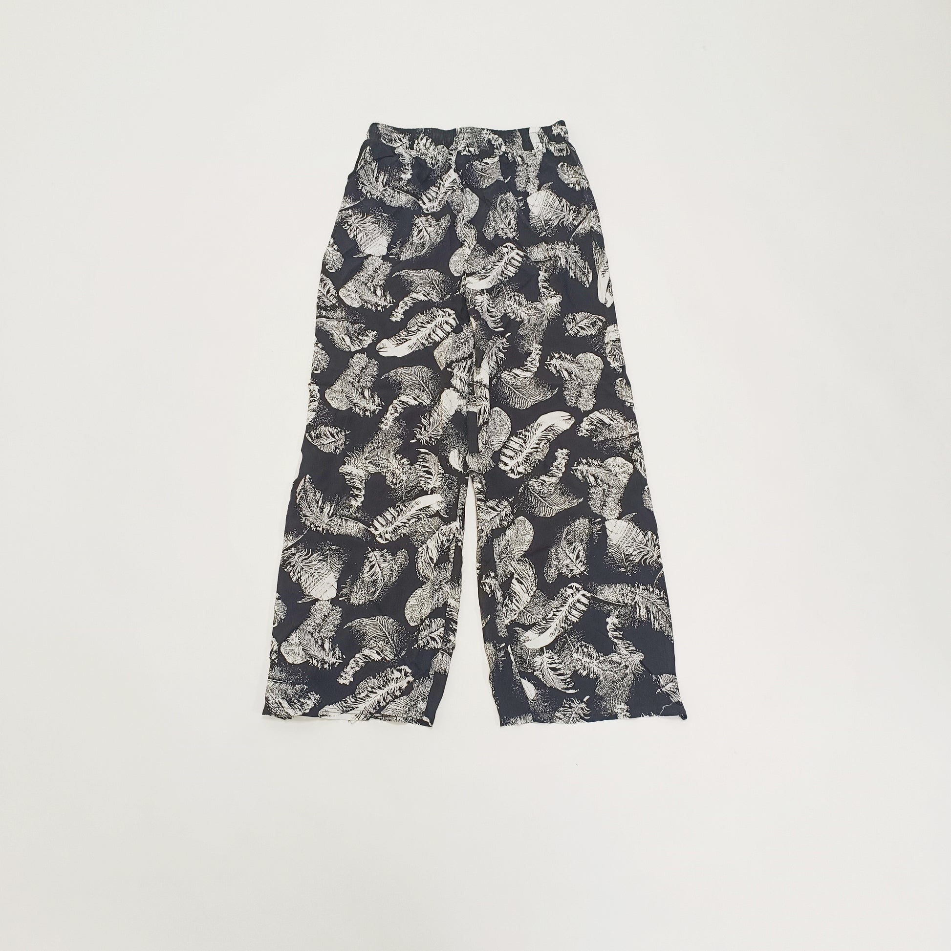 Black Monochrome Leaf Print Wide Leg Trousers Size Small | Preloved