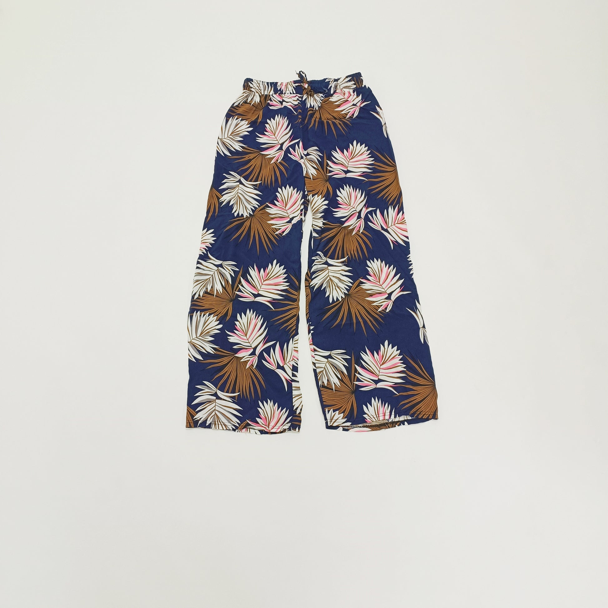 Blue Palm Print High Waist Lightweight Wide Leg Trousers Size Small | Preloved