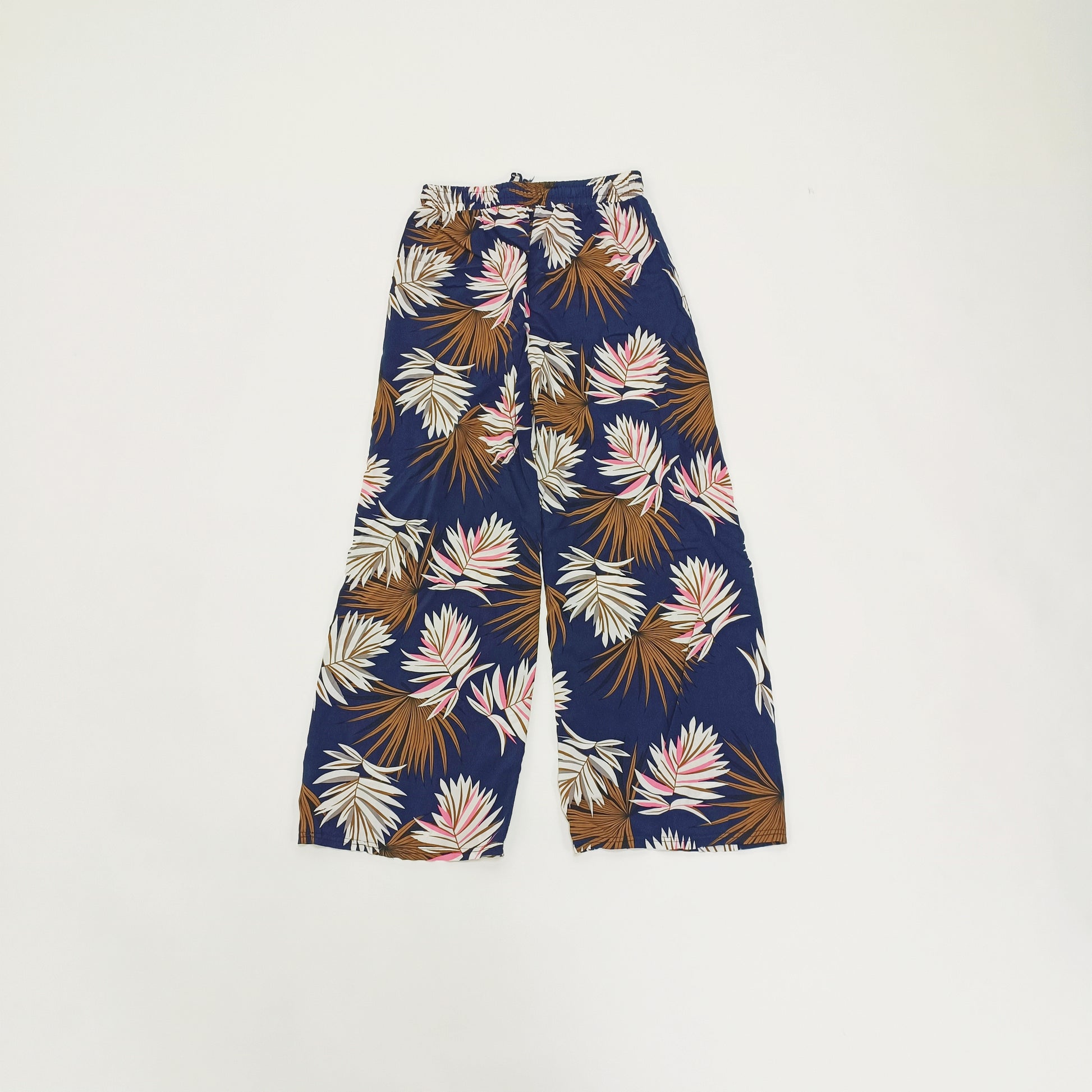Blue Palm Print High Waist Lightweight Wide Leg Trousers Size Small | Preloved