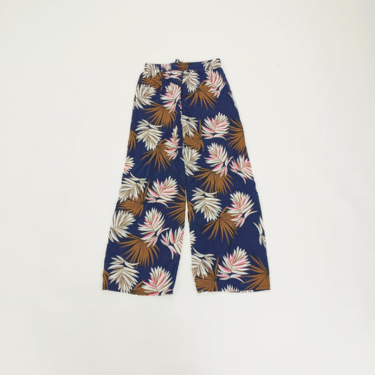 Blue Palm Print High Waist Lightweight Wide Leg Trousers Size Small | Preloved