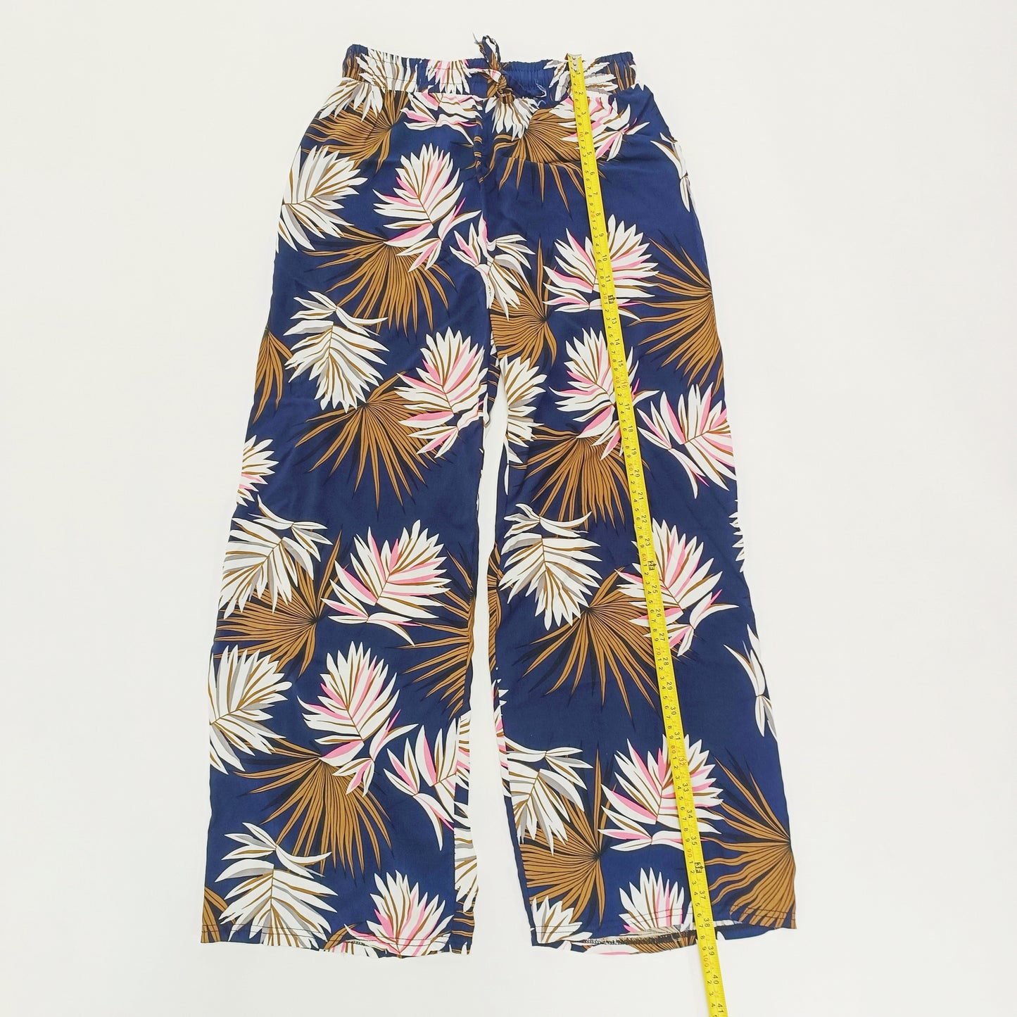 Blue Palm Print High Waist Lightweight Wide Leg Trousers Size Small | Preloved
