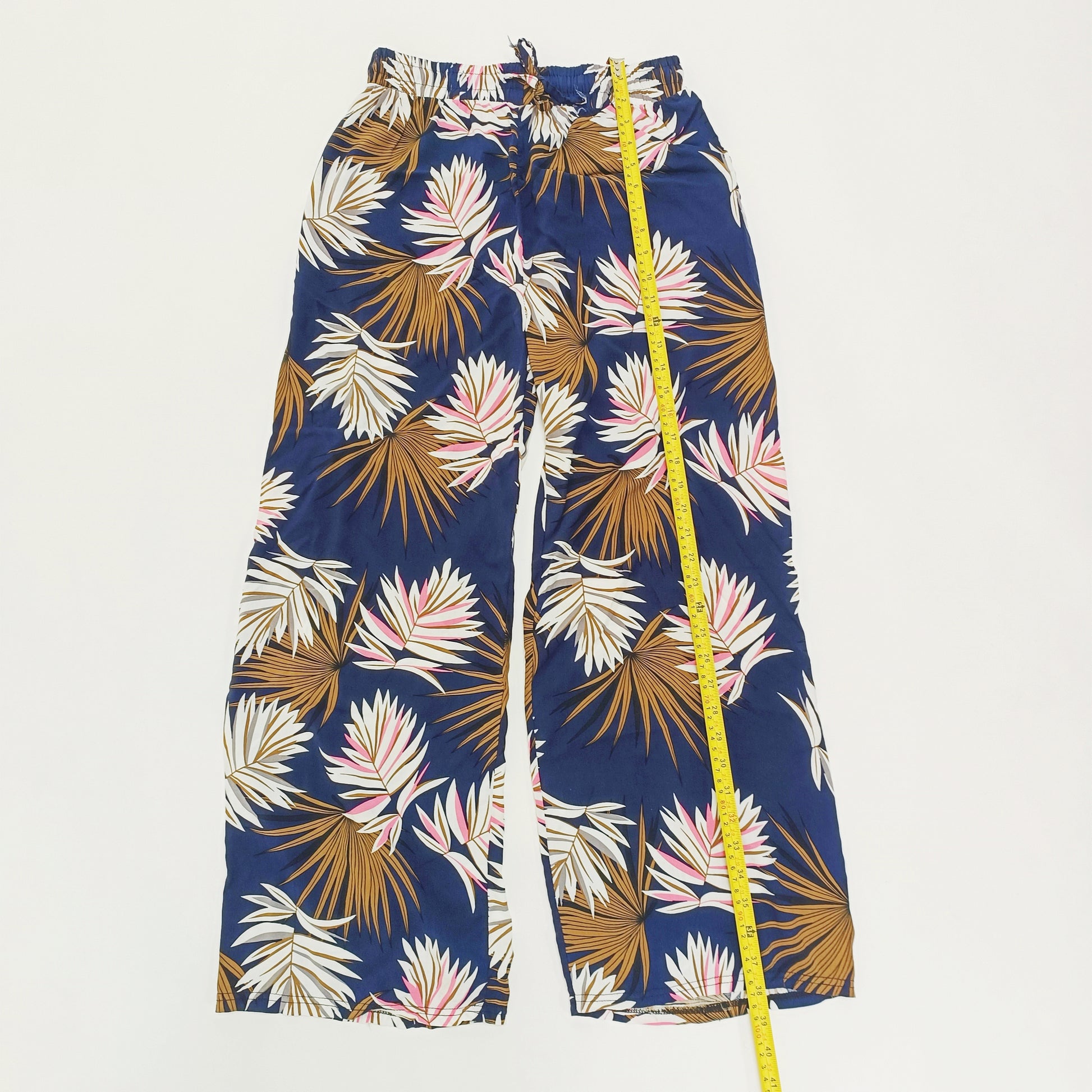 Blue Palm Print High Waist Lightweight Wide Leg Trousers Size Small | Preloved