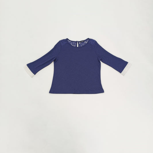 Navy Blue Knitted Blouse with Lace Shoulder Detail Size Medium | Preloved