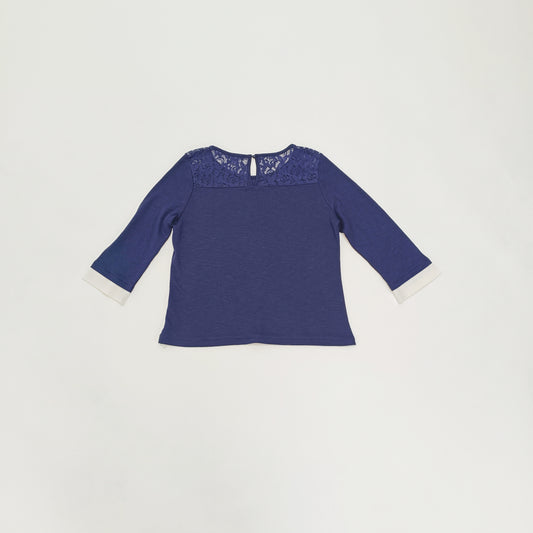 Navy Blue Knitted Blouse with Lace Shoulder Detail Size Medium | Preloved
