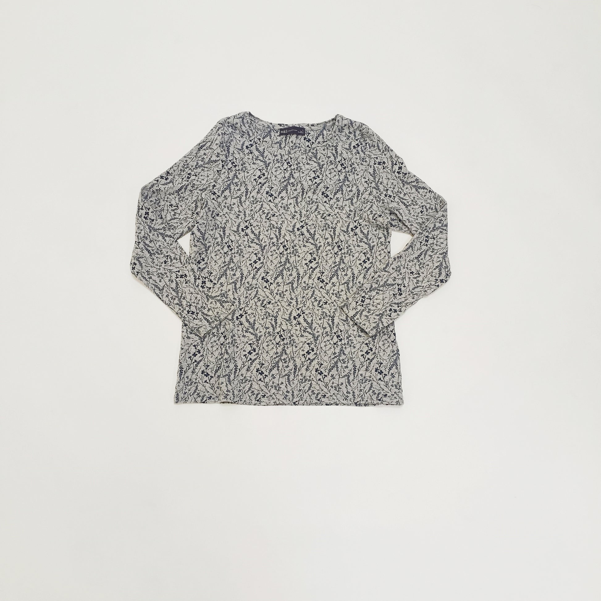Grey & Navy Floral Long Sleeve Crew Neck T-Shirt Size Large | Preloved