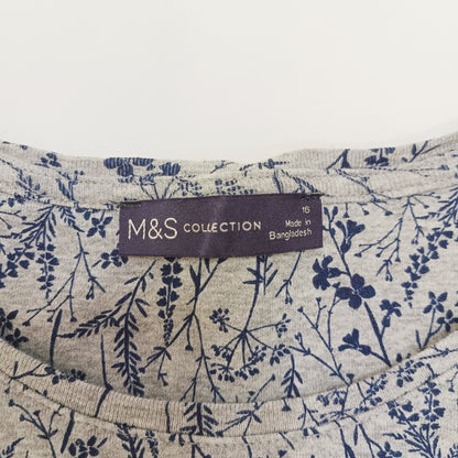 Grey & Navy Floral Long Sleeve Crew Neck T-Shirt Size Large | Preloved