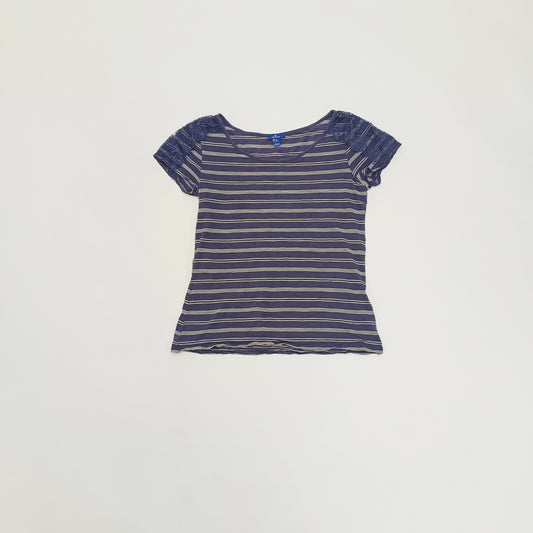 Blue & White Stripe T-Shirt With Lace Shoulder Detail Size Small | Preloved