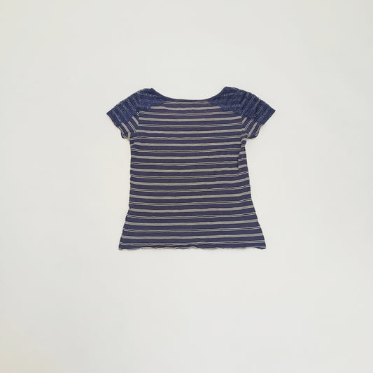 Blue & White Stripe T-Shirt With Lace Shoulder Detail Size Small | Preloved