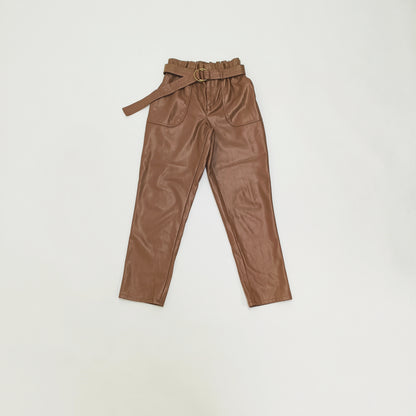 Chocolate Brown Paperbag Waist Faux Leather Trousers Size Extra Small | Preloved