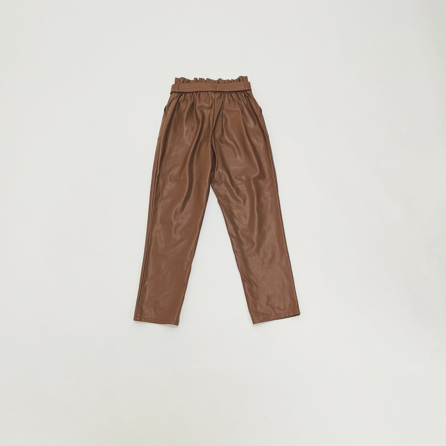Chocolate Brown Paperbag Waist Faux Leather Trousers Size Extra Small | Preloved