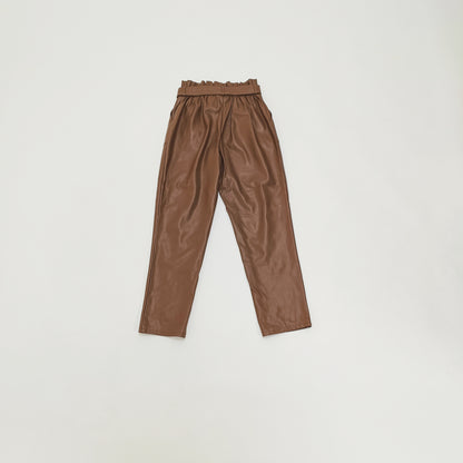 Chocolate Brown Paperbag Waist Faux Leather Trousers Size Extra Small | Preloved